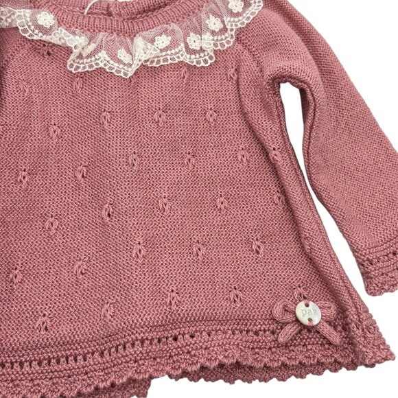 Paz Rodriguez Knit Cardigan Lace Collar 1M Pink Cotton Blend Spain - Picture 3 of 4